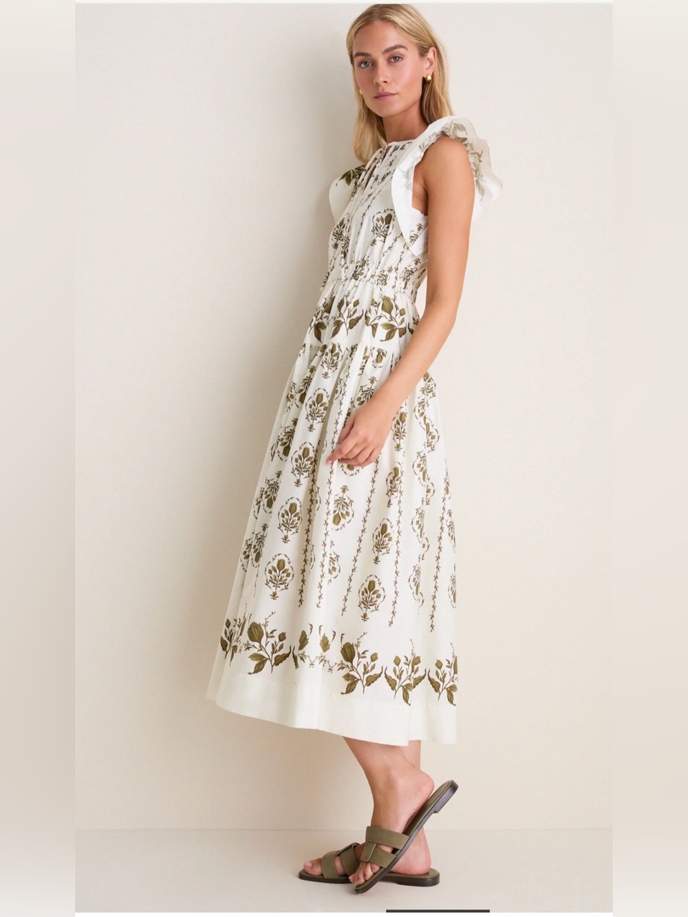 LOVE NWT Tuckernuck Moon River Beige Multi Short Ruffle Sleeve Midi Olive Sz S M - Picture 4 of 10